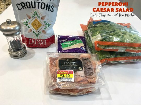 Pepperoni Caesar Salad | Can't Stay Out of the Kitchen | this scrumptious #salad has the deliciousness of #CaesarSalad but with the marvelous addition of #pepperoni! It takes only 10 minutes to make the salad & dressing, so it's quick & easy to prepare. #PepperoniCaesarSalad