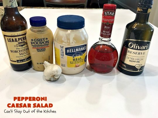 Pepperoni Caesar Salad | Can't Stay Out of the Kitchen | this scrumptious #salad has the deliciousness of #CaesarSalad but with the marvelous addition of #pepperoni! It takes only 10 minutes to make the salad & dressing, so it's quick & easy to prepare. #PepperoniCaesarSalad