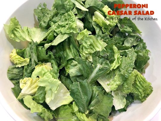 Pepperoni Caesar Salad | Can't Stay Out of the Kitchen | this scrumptious #salad has the deliciousness of #CaesarSalad but with the marvelous addition of #pepperoni! It takes only 10 minutes to make the salad & dressing, so it's quick & easy to prepare. #PepperoniCaesarSalad