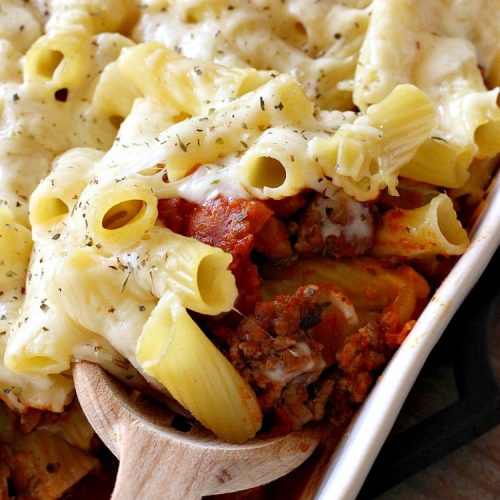 Pepperoni Pasta | Can't Stay Out of the Kitchen | easy layered #Italian #pasta dish. This one includes #pepperoni, #GroundBeef, #Parmesan, #mozzarella & #provolone cheeses. Great comfort food meal. #Rigatoni #PepperoniPasta