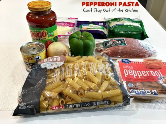Pepperoni Pasta | Can't Stay Out of the Kitchen | easy layered #Italian #pasta dish. This one includes #pepperoni, #GroundBeef, #Parmesan, #mozzarella & #provolone cheeses. Great comfort food meal. #Rigatoni #PepperoniPasta