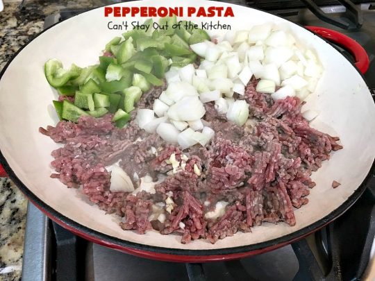 Pepperoni Pasta | Can't Stay Out of the Kitchen | easy layered #Italian #pasta dish. This one includes #pepperoni, #GroundBeef, #Parmesan, #mozzarella & #provolone cheeses. Great comfort food meal. #Rigatoni #PepperoniPasta