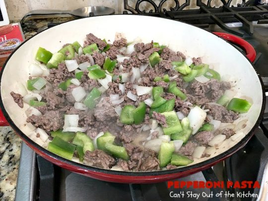 Pepperoni Pasta | Can't Stay Out of the Kitchen | easy layered #Italian #pasta dish. This one includes #pepperoni, #GroundBeef, #Parmesan, #mozzarella & #provolone cheeses. Great comfort food meal. #Rigatoni #PepperoniPasta