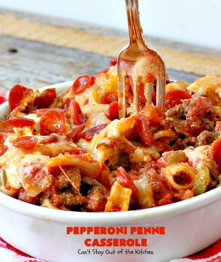 Pepperoni Penne Casserole | Can't Stay Out of the Kitchen | this terrific #pasta dish includes 3 cheeses, #spinach, #pepperoni & #glutenfree #pasta. Amazing flavors. #beef