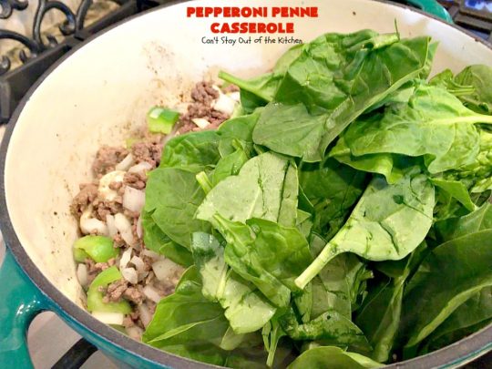 Pepperoni Penne Casserole | Can't Stay Out of the Kitchen | this terrific #pasta dish includes 3 cheeses, #spinach, #pepperoni & #glutenfree #pasta. Amazing flavors. #beef