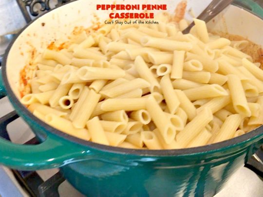 Pepperoni Penne Casserole | Can't Stay Out of the Kitchen | this terrific #pasta dish includes 3 cheeses, #spinach, #pepperoni & #glutenfree #pasta. Amazing flavors. #beef