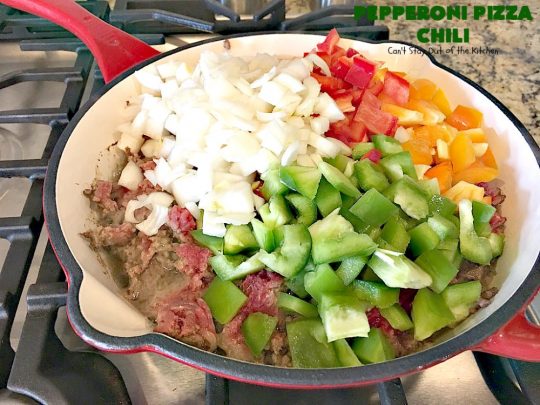 Pepperoni Pizza Chili | Can't Stay Out of the Kitchen | best #chili ever! This one combines #TexMex with #Italian for one incredible chili. #soup #glutenfree #pepperoni #mozzarellacheese #crockpot