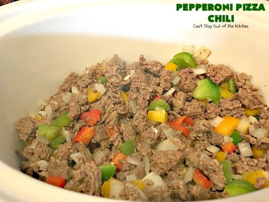 Pepperoni Pizza Chili | Can't Stay Out of the Kitchen | best #chili ever! This one combines #TexMex with #Italian for one incredible chili. #soup #glutenfree #pepperoni #mozzarellacheese #crockpot