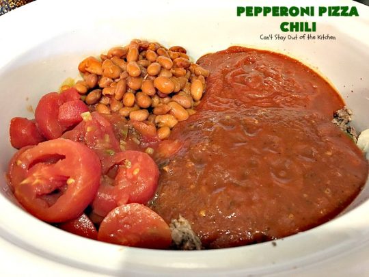 Pepperoni Pizza Chili | Can't Stay Out of the Kitchen | best #chili ever! This one combines #TexMex with #Italian for one incredible chili. #soup #glutenfree #pepperoni #mozzarellacheese #crockpot