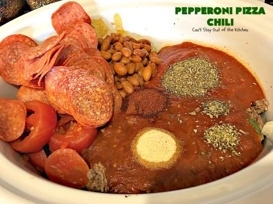 Pepperoni Pizza Chili | Can't Stay Out of the Kitchen | best #chili ever! This one combines #TexMex with #Italian for one incredible chili. #soup #glutenfree #pepperoni #mozzarellacheese #crockpot