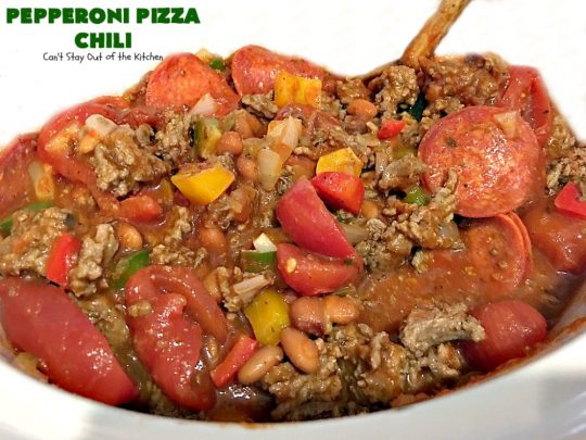 Pepperoni Pizza Chili | Can't Stay Out of the Kitchen | best #chili ever! This one combines #TexMex with #Italian for one incredible chili. #soup #glutenfree #pepperoni #mozzarellacheese #crockpot