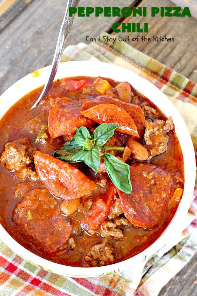 Pepperoni Pizza Chili | Can't Stay Out of the Kitchen | best #chili ever! This one combines #TexMex with #Italian for one incredible chili. #soup #glutenfree #pepperoni #mozzarellacheese #crockpot