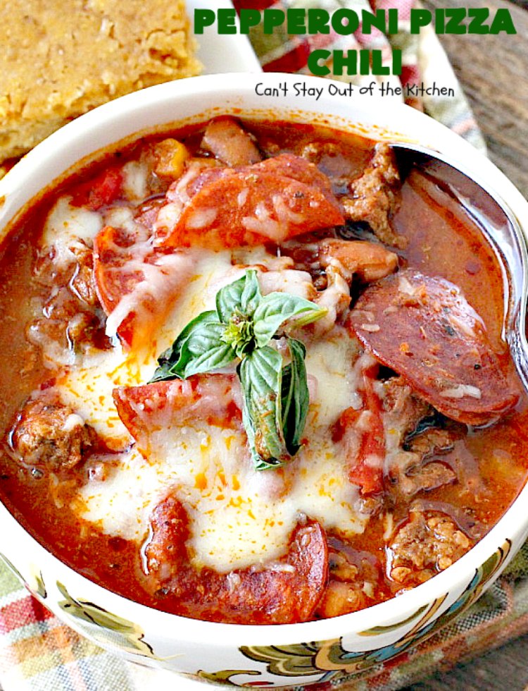 Pepperoni Pizza Chili | Can't Stay Out of the Kitchen | best #chili ever! This one combines #TexMex with #Italian for one incredible chili. #soup #glutenfree #pepperoni #mozzarellacheese #crockpot