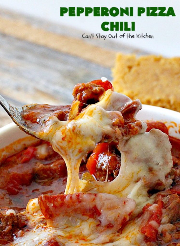 Pepperoni Pizza Chili | Can't Stay Out of the Kitchen | best #chili ever! This one combines #TexMex with #Italian for one incredible chili. #soup #glutenfree #pepperoni #mozzarellacheese #crockpot