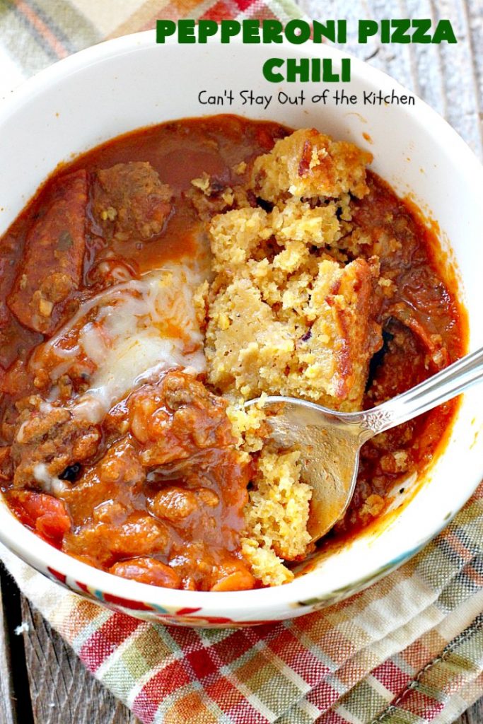 Pepperoni Pizza Chili | Can't Stay Out of the Kitchen | best #chili ever! This one combines #TexMex with #Italian for one incredible chili. #soup #glutenfree #pepperoni #mozzarellacheese #crockpot