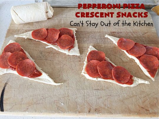 Pepperoni Pizza Crescent Snacks | Can't Stay Out of the Kitchen | fantastic 5-ingredient #GooseberryPatch #recipe is marvelous for #NewYearsEve, #NewYearsDay or #SuperBowl celebrations. This amazing #appetizer will knock your socks off! #pepperoni #pizza #mushrooms #MozzarellaCheese #PepperoniPizza #PepperoniPizzaCrescentSnacks