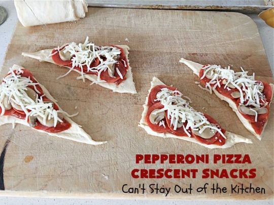 Pepperoni Pizza Crescent Snacks | Can't Stay Out of the Kitchen | fantastic 5-ingredient #GooseberryPatch #recipe is marvelous for #NewYearsEve, #NewYearsDay or #SuperBowl celebrations. This amazing #appetizer will knock your socks off! #pepperoni #pizza #mushrooms #MozzarellaCheese #PepperoniPizza #PepperoniPizzaCrescentSnacks