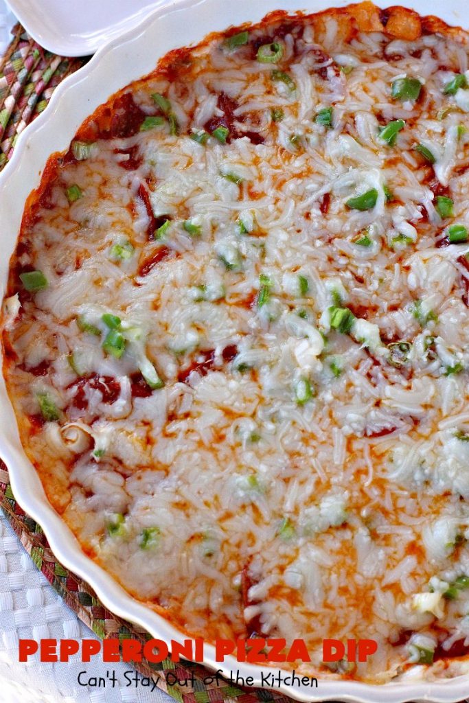 Pepperoni Pizza Dip | Can't Stay Out of the Kitchen | this #appetizer is so over-the-top you'll have all your guests drooling over it! It's terrific for #tailgating parties or the #SuperBowl! #pepperoni #pizza #glutenfree