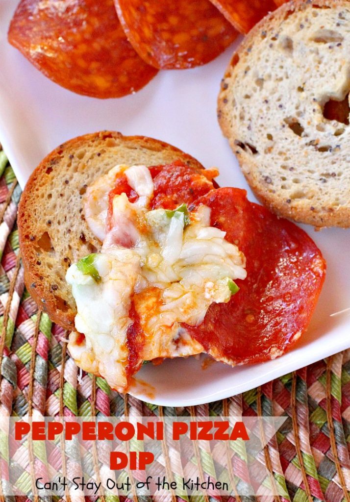 Pepperoni Pizza Dip | Can't Stay Out of the Kitchen | this #appetizer is so over-the-top you'll have all your guests drooling over it! It's terrific for #tailgating parties or the #SuperBowl! #pepperoni #pizza #glutenfree