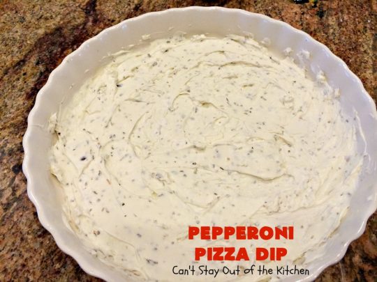Pepperoni Pizza Dip | Can't Stay Out of the Kitchen | this #appetizer is so over-the-top you'll have all your guests drooling over it! It's terrific for #tailgating parties or the #SuperBowl! #pepperoni #pizza #glutenfree