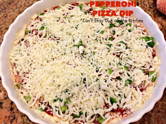 Pepperoni Pizza Dip | Can't Stay Out of the Kitchen | this #appetizer is so over-the-top you'll have all your guests drooling over it! It's terrific for #tailgating parties or the #SuperBowl! #pepperoni #pizza #glutenfree