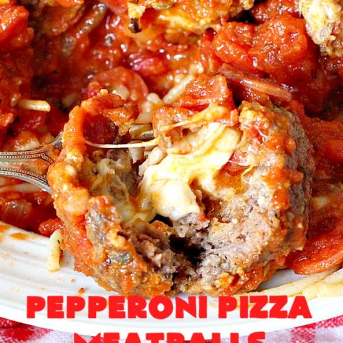 Pepperoni Pizza Meatballs | Can't Stay Out of the Kitchen | This is like eating #PepperoniPizza but in #meatball form! These fabulous #meatballs are stuffed with #pepperoni & #mozzarella cheese cubes. The #marinara sauce also includes pepperoni. Absolutely mouthwatering. #pasta #glutenfree