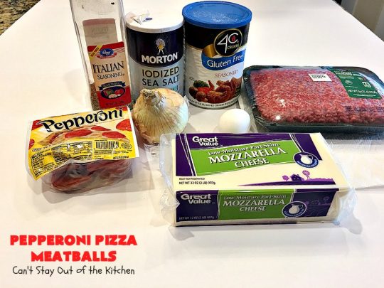 Pepperoni Pizza Meatballs | Can't Stay Out of the Kitchen | This is like eating #PepperoniPizza but in #meatball form! These fabulous #meatballs are stuffed with #pepperoni & #mozzarella cheese cubes. The #marinara sauce also includes pepperoni. Absolutely mouthwatering. #pasta #glutenfree