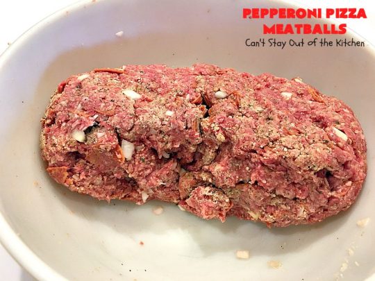 Pepperoni Pizza Meatballs | Can't Stay Out of the Kitchen | This is like eating #PepperoniPizza but in #meatball form! These fabulous #meatballs are stuffed with #pepperoni & #mozzarella cheese cubes. The #marinara sauce also includes pepperoni. Absolutely mouthwatering. #pasta #glutenfree