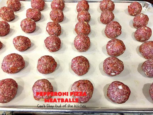 Pepperoni Pizza Meatballs | Can't Stay Out of the Kitchen | This is like eating #PepperoniPizza but in #meatball form! These fabulous #meatballs are stuffed with #pepperoni & #mozzarella cheese cubes. The #marinara sauce also includes pepperoni. Absolutely mouthwatering. #pasta #glutenfree