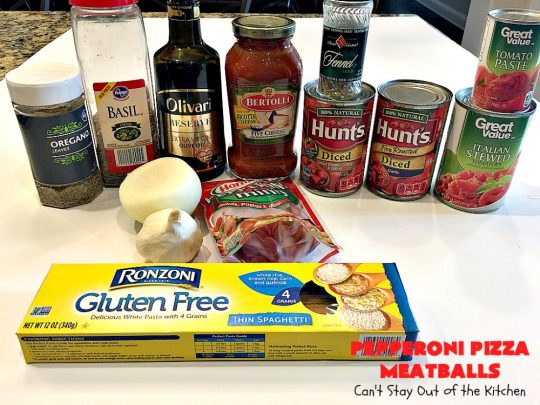 Pepperoni Pizza Meatballs | Can't Stay Out of the Kitchen | This is like eating #PepperoniPizza but in #meatball form! These fabulous #meatballs are stuffed with #pepperoni & #mozzarella cheese cubes. The #marinara sauce also includes pepperoni. Absolutely mouthwatering. #pasta #glutenfree
