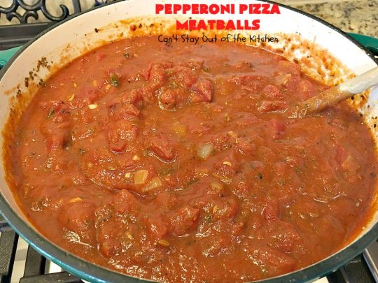 Pepperoni Pizza Meatballs | Can't Stay Out of the Kitchen | This is like eating #PepperoniPizza but in #meatball form! These fabulous #meatballs are stuffed with #pepperoni & #mozzarella cheese cubes. The #marinara sauce also includes pepperoni. Absolutely mouthwatering. #pasta #glutenfree