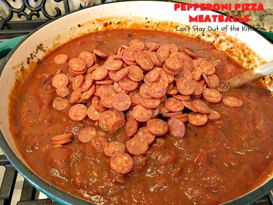 Pepperoni Pizza Meatballs | Can't Stay Out of the Kitchen | This is like eating #PepperoniPizza but in #meatball form! These fabulous #meatballs are stuffed with #pepperoni & #mozzarella cheese cubes. The #marinara sauce also includes pepperoni. Absolutely mouthwatering. #pasta #glutenfree