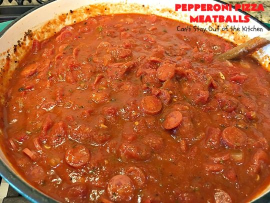 Pepperoni Pizza Meatballs | Can't Stay Out of the Kitchen | This is like eating #PepperoniPizza but in #meatball form! These fabulous #meatballs are stuffed with #pepperoni & #mozzarella cheese cubes. The #marinara sauce also includes pepperoni. Absolutely mouthwatering. #pasta #glutenfree
