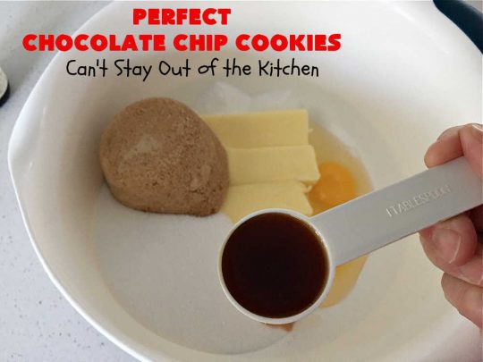 Perfect Chocolate Chip Cookies | Can't Stay Out of the Kitchen | These amazing #ChocolateChipCookies have the perfect blend of ingredients. Plus, they're loaded with #ChocolateChips as well as mini #chocolate chips! Every bite will have you drooling. If you're a Chocolate Chip #Cookie addict, you'll want this #recipe! #dessert #tailgating #holiday #HolidayDessert #HolidayBaking #ChristmasCookieExchange #BestChocolateChipCookies #PerfectChocolateChipCookies