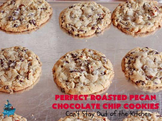Perfect Roasted Pecan Chocolate Chip Cookies | Can't Stay Out of the Kitchen | these "perfect" #cookies have #RoastedPecans along with regular #ChocolateChips & #MiniatureChocolateChips. They are divine. If you enjoy #pecans & you're not allergic, this fantastic #recipe will rock your world! This #ChocolateChipCookie with roasted pecans will have you swooning after just one bite. #chocolate #dessert #ChocolateDessert #PecanDessert #BestChocolateChipCookies #holiday #HolidayBaking #ChristmasCookieExchange #MemorialDay #FourthOfJuly #PerfectRoastedPecanChocolateChipCookies
