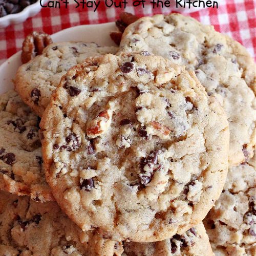 Perfect Roasted Pecan Chocolate Chip Cookies | Can't Stay Out of the Kitchen | these "perfect" #cookies have #RoastedPecans along with regular #ChocolateChips & #MiniatureChocolateChips. They are divine. If you enjoy #pecans & you're not allergic, this fantastic #recipe will rock your world! This #ChocolateChipCookie with roasted pecans will have you swooning after just one bite. #chocolate #dessert #ChocolateDessert #PecanDessert #BestChocolateChipCookies #holiday #HolidayBaking #ChristmasCookieExchange #MemorialDay #FourthOfJuly #PerfectRoastedPecanChocolateChipCookies