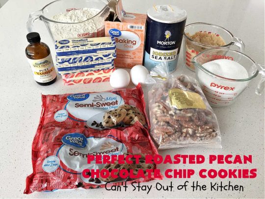 Perfect Roasted Pecan Chocolate Chip Cookies | Can't Stay Out of the Kitchen | these "perfect" #cookies have #RoastedPecans along with regular #ChocolateChips & #MiniatureChocolateChips. They are divine. If you enjoy #pecans & you're not allergic, this fantastic #recipe will rock your world! This #ChocolateChipCookie with roasted pecans will have you swooning after just one bite. #chocolate #dessert #ChocolateDessert #PecanDessert #BestChocolateChipCookies #holiday #HolidayBaking #ChristmasCookieExchange #MemorialDay #FourthOfJuly #PerfectRoastedPecanChocolateChipCookies