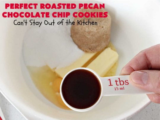 Perfect Roasted Pecan Chocolate Chip Cookies | Can't Stay Out of the Kitchen | these "perfect" #cookies have #RoastedPecans along with regular #ChocolateChips & #MiniatureChocolateChips. They are divine. If you enjoy #pecans & you're not allergic, this fantastic #recipe will rock your world! This #ChocolateChipCookie with roasted pecans will have you swooning after just one bite. #chocolate #dessert #ChocolateDessert #PecanDessert #BestChocolateChipCookies #holiday #HolidayBaking #ChristmasCookieExchange #MemorialDay #FourthOfJuly #PerfectRoastedPecanChocolateChipCookies