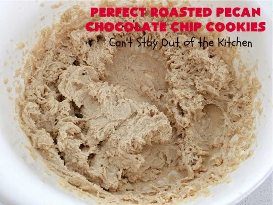 Perfect Roasted Pecan Chocolate Chip Cookies | Can't Stay Out of the Kitchen | these "perfect" #cookies have #RoastedPecans along with regular #ChocolateChips & #MiniatureChocolateChips. They are divine. If you enjoy #pecans & you're not allergic, this fantastic #recipe will rock your world! This #ChocolateChipCookie with roasted pecans will have you swooning after just one bite. #chocolate #dessert #ChocolateDessert #PecanDessert #BestChocolateChipCookies #holiday #HolidayBaking #ChristmasCookieExchange #MemorialDay #FourthOfJuly #PerfectRoastedPecanChocolateChipCookies