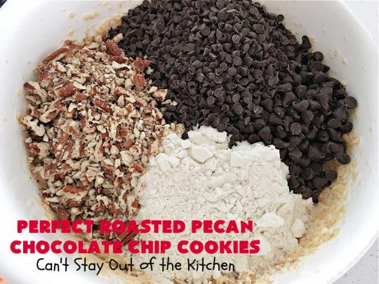 Perfect Roasted Pecan Chocolate Chip Cookies | Can't Stay Out of the Kitchen | these "perfect" #cookies have #RoastedPecans along with regular #ChocolateChips & #MiniatureChocolateChips. They are divine. If you enjoy #pecans & you're not allergic, this fantastic #recipe will rock your world! This #ChocolateChipCookie with roasted pecans will have you swooning after just one bite. #chocolate #dessert #ChocolateDessert #PecanDessert #BestChocolateChipCookies #holiday #HolidayBaking #ChristmasCookieExchange #MemorialDay #FourthOfJuly #PerfectRoastedPecanChocolateChipCookies
