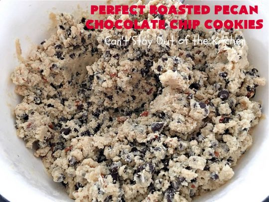 Perfect Roasted Pecan Chocolate Chip Cookies | Can't Stay Out of the Kitchen | these "perfect" #cookies have #RoastedPecans along with regular #ChocolateChips & #MiniatureChocolateChips. They are divine. If you enjoy #pecans & you're not allergic, this fantastic #recipe will rock your world! This #ChocolateChipCookie with roasted pecans will have you swooning after just one bite. #chocolate #dessert #ChocolateDessert #PecanDessert #BestChocolateChipCookies #holiday #HolidayBaking #ChristmasCookieExchange #MemorialDay #FourthOfJuly #PerfectRoastedPecanChocolateChipCookies