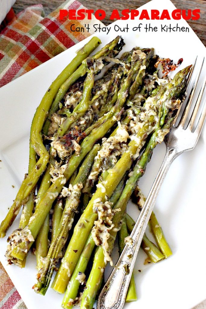 Pesto Asparagus | Can't Stay Out of the Kitchen | fabulous 3-ingredient side dish that's perfect for #holiday menus. So easy & a great way to serve #asparagus. #glutenfree #parmesancheese