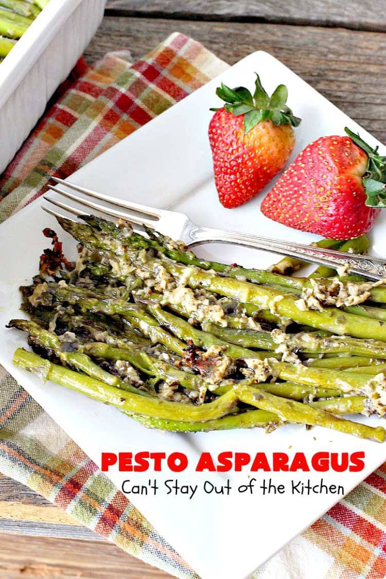 Pesto Asparagus | Can't Stay Out of the Kitchen | fabulous 3-ingredient side dish that's perfect for #holiday menus. So easy & a great way to serve #asparagus. #glutenfree #parmesancheese