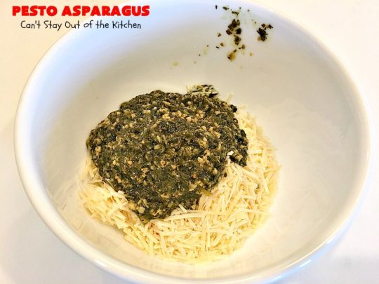 Pesto Asparagus | Can't Stay Out of the Kitchen | fabulous 3-ingredient side dish that's perfect for #holiday menus. So easy & a great way to serve #asparagus. #glutenfree #parmesancheese