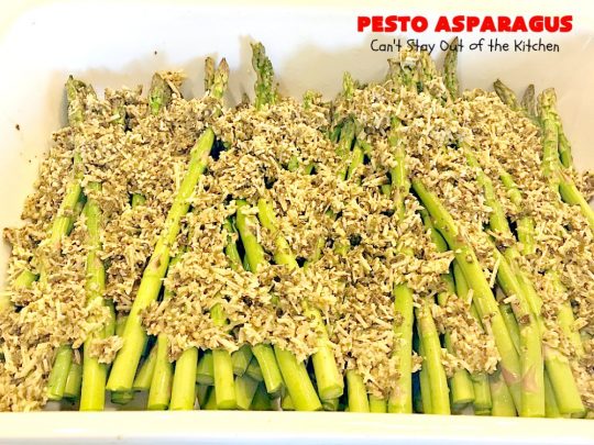 Pesto Asparagus | Can't Stay Out of the Kitchen | fabulous 3-ingredient side dish that's perfect for #holiday menus. So easy & a great way to serve #asparagus. #glutenfree #parmesancheese