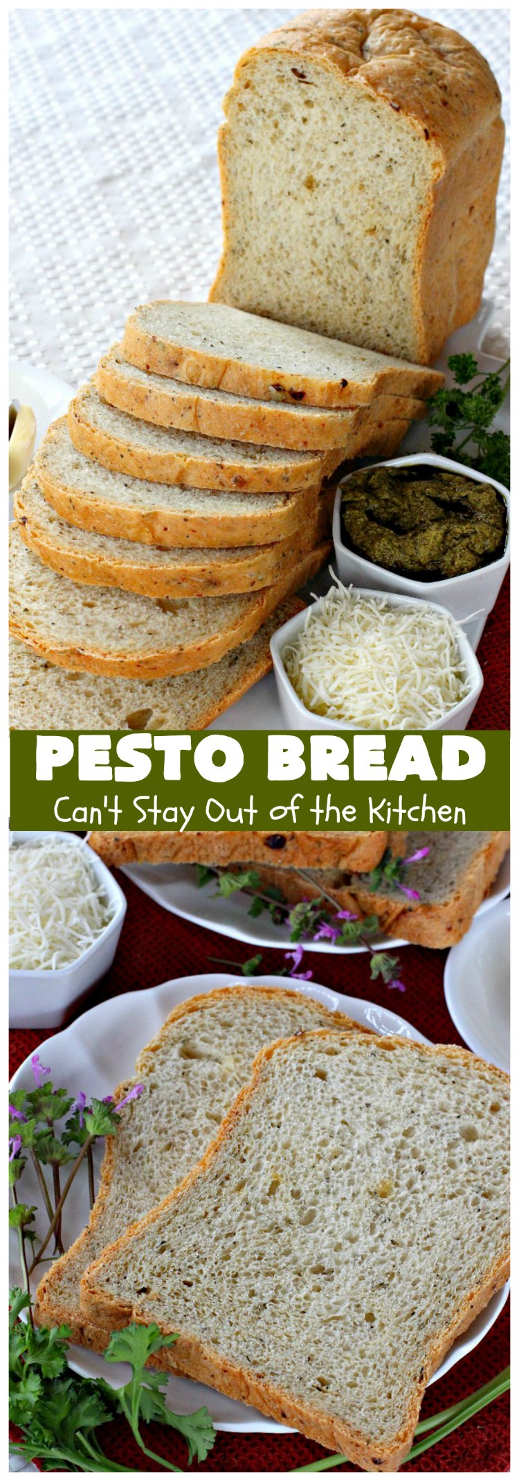 Pesto Bread | Can't Stay Out of the Kitchen | this tasty #HomemadeBread is heavenly. It has the flavors of #Pesto with #basil, #OliveOil, #ParmesanCheese & parsley. Plus, it's so easy to make since it's made in the #breadmaker. Terrific for #holiday or company menus. But it's a great dinner #bread to serve any time. #Thanksgiving #Christmas #Easter #Italian #ItalianDinnerBread