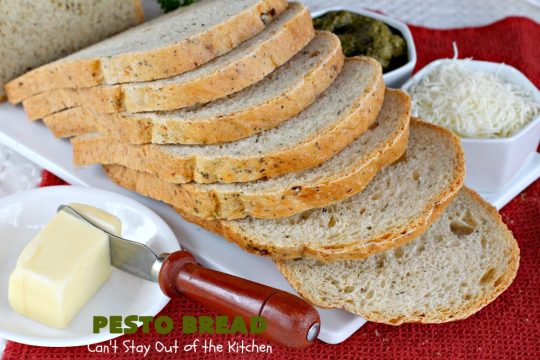 Pesto Bread | Can't Stay Out of the Kitchen | this tasty #HomemadeBread is heavenly. It has the flavors of #Pesto with #basil, #OliveOil, #ParmesanCheese & parsley. Plus, it's so easy to make since it's made in the #breadmaker. Terrific for #holiday or company menus. But it's a great dinner #bread to serve any time. #Thanksgiving #Christmas #Easter #Italian #ItalianDinnerBread