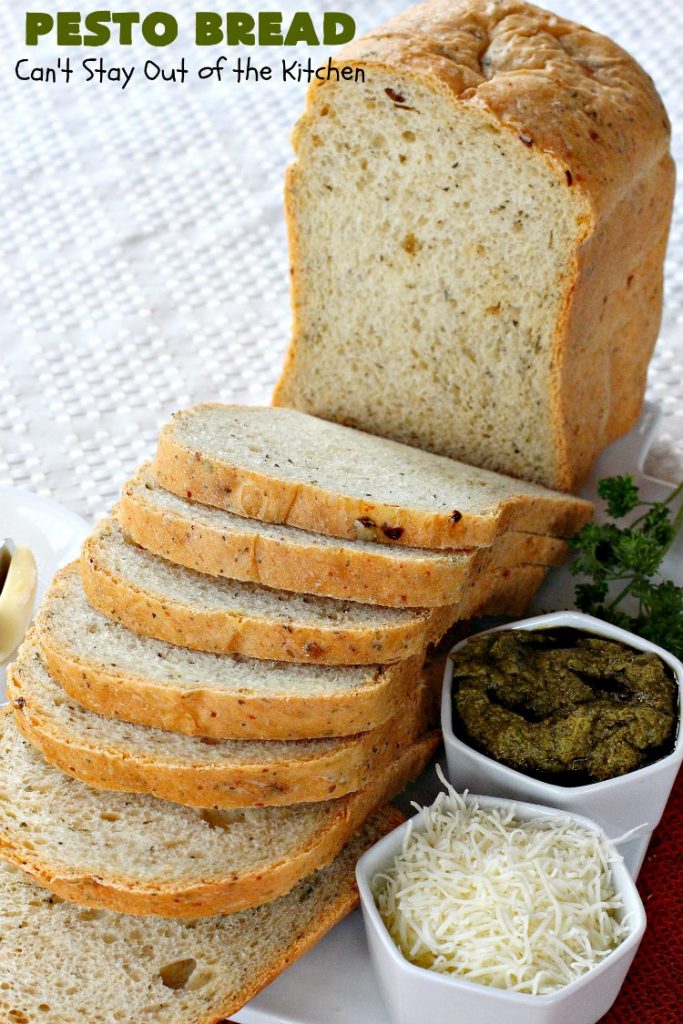 Pesto Bread | Can't Stay Out of the Kitchen | this tasty #HomemadeBread is heavenly. It has the flavors of #Pesto with #basil, #OliveOil, #ParmesanCheese & parsley. Plus, it's so easy to make since it's made in the #breadmaker. Terrific for #holiday or company menus. But it's a great dinner #bread to serve any time. #Thanksgiving #Christmas #Easter #Italian #ItalianDinnerBread
