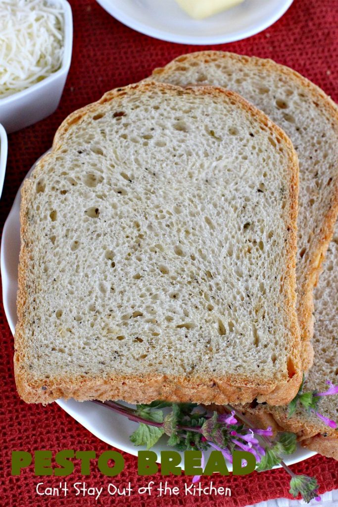 Pesto Bread | Can't Stay Out of the Kitchen | this tasty #HomemadeBread is heavenly. It has the flavors of #Pesto with #basil, #OliveOil, #ParmesanCheese & parsley. Plus, it's so easy to make since it's made in the #breadmaker. Terrific for #holiday or company menus. But it's a great dinner #bread to serve any time. #Thanksgiving #Christmas #Easter #Italian #ItalianDinnerBread