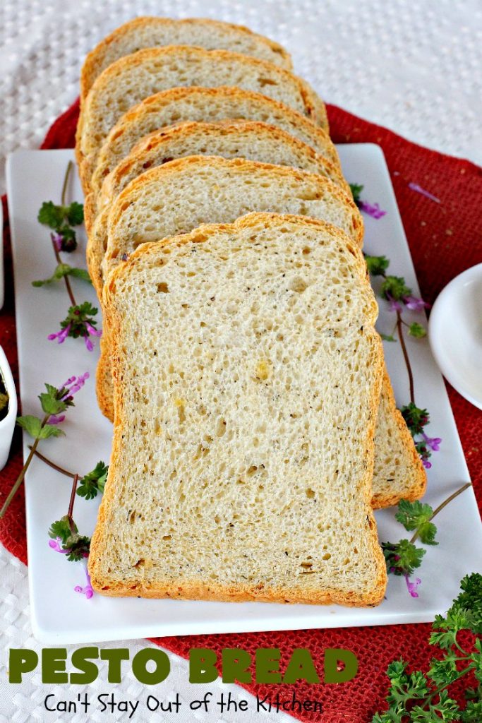 Pesto Bread | Can't Stay Out of the Kitchen | this tasty #HomemadeBread is heavenly. It has the flavors of #Pesto with #basil, #OliveOil, #ParmesanCheese & parsley. Plus, it's so easy to make since it's made in the #breadmaker. Terrific for #holiday or company menus. But it's a great dinner #bread to serve any time. #Thanksgiving #Christmas #Easter #Italian #ItalianDinnerBread